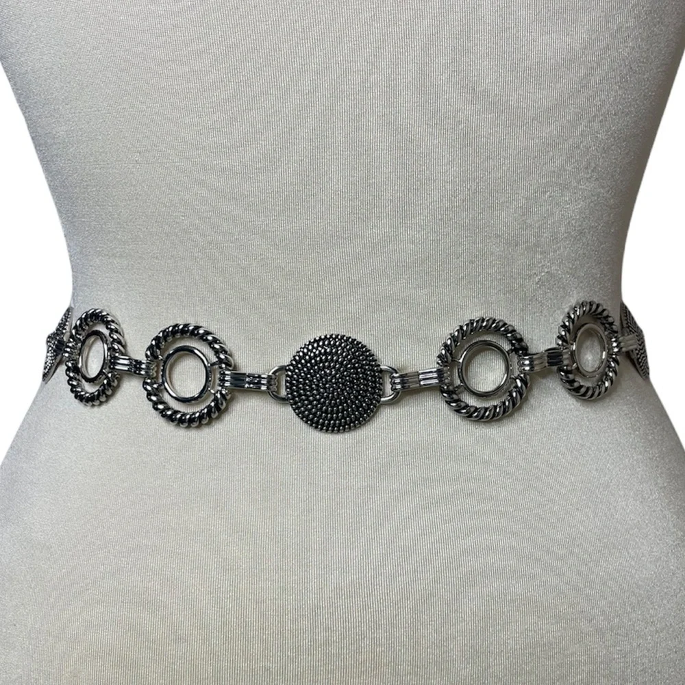 Vintage Silver Chain Link Belt Studded Ornate Filigree Boho Western Festival
